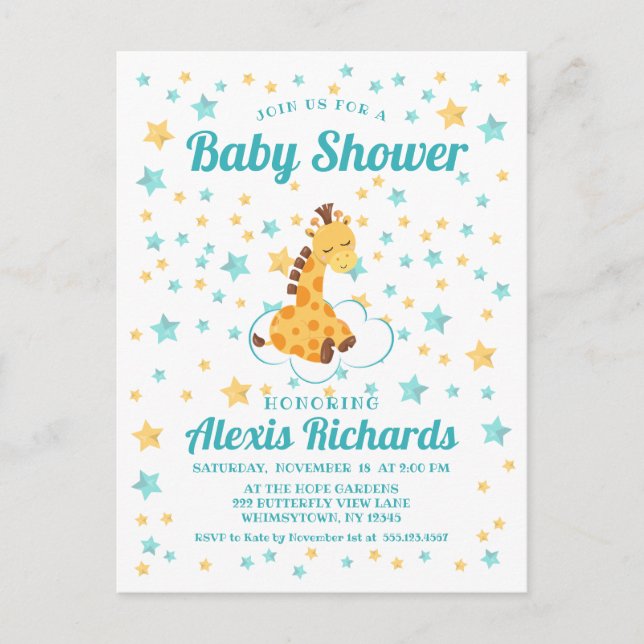 Invitation Carte Postale Baby shower de la Giraffe et des Etoiles neutres (Devant)