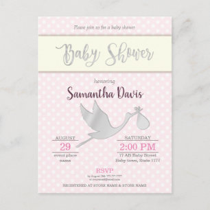Invitation Carte Postale Baby shower de la petite fille de la cigogne en ar