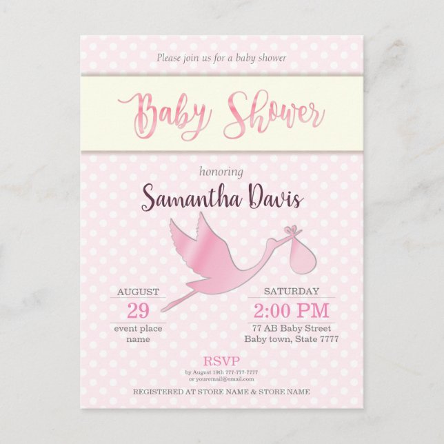 Invitation Carte Postale Baby shower de la petite fille de la cigogne rose (Devant)