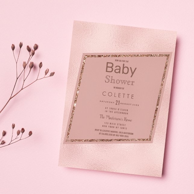 Invitation Carte Postale Baby shower de Parties scintillant en or rose simp (Simple Elegant Pink Rose Gold Glitter Baby Shower)