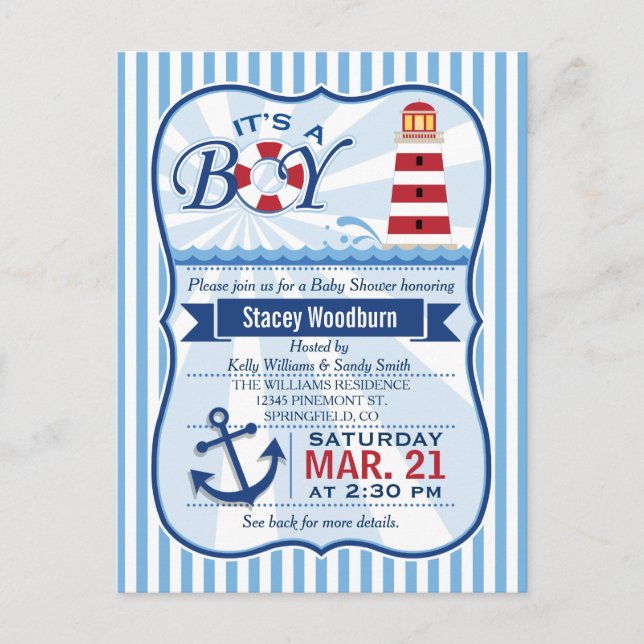 Invitation Carte Postale Baby shower de phare bleu, blanc et bleu marine (Devant)