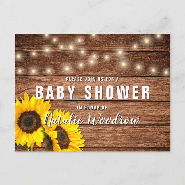 Invitation Carte Postale Baby shower de tournesol rustique en bois (Devant)