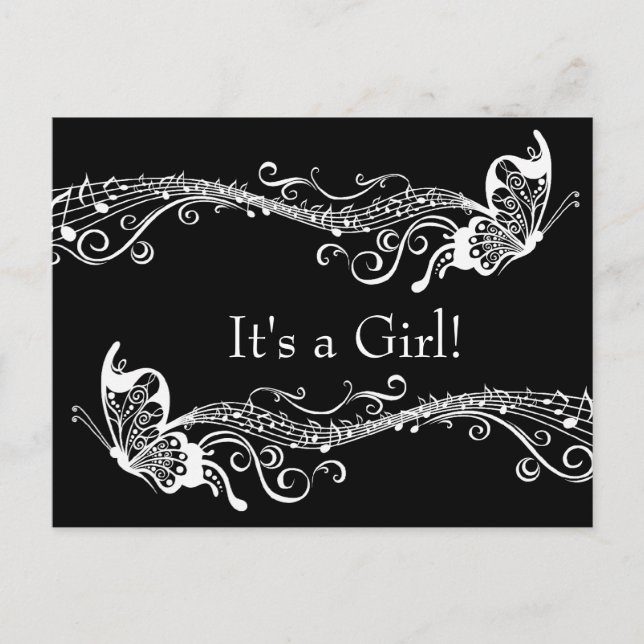 Invitation Carte Postale Baby shower des papillons musicaux noirs Invitatio (Devant)