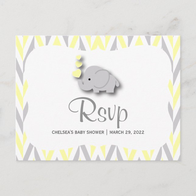 Invitation Carte Postale Baby shower éléphant jaune et gris - RSVP 2 (Devant)