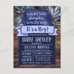 Invitation Carte Postale Baby shower en bois bleu de Little Citrouille Fall