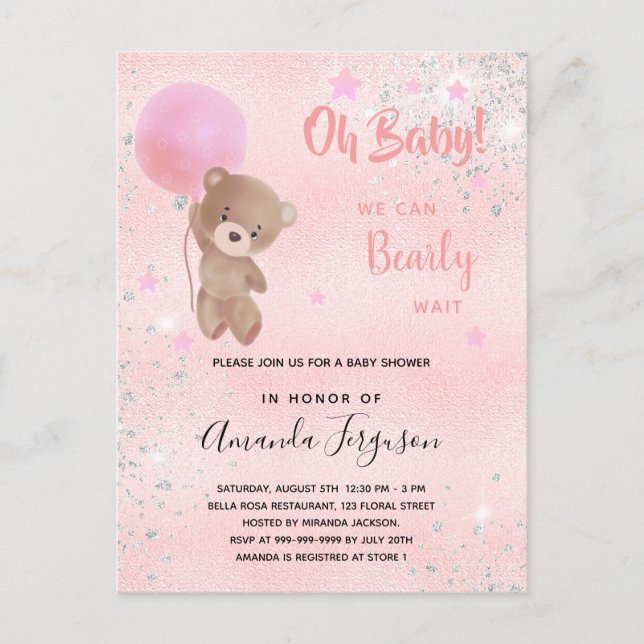 Invitation Carte Postale Baby shower en peluche fille parties scintillant r (Devant)