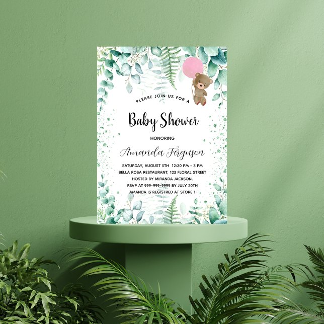 Invitation Carte Postale Baby shower en peluche forêt de fille eucalyptus (Créateur téléchargé)