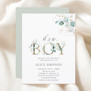 Invitation Carte Postale Baby shower Eucalyptus Boy verdoyant