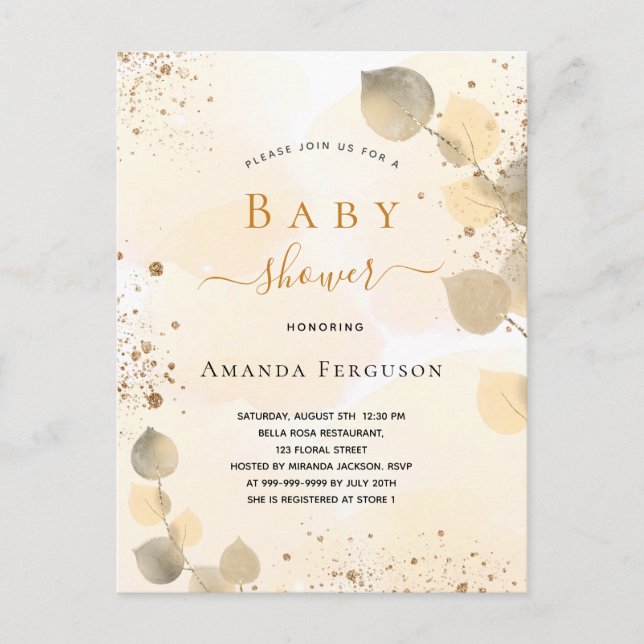 Invitation Carte Postale Baby shower eucalyptus parties scintillant chute d (Devant)