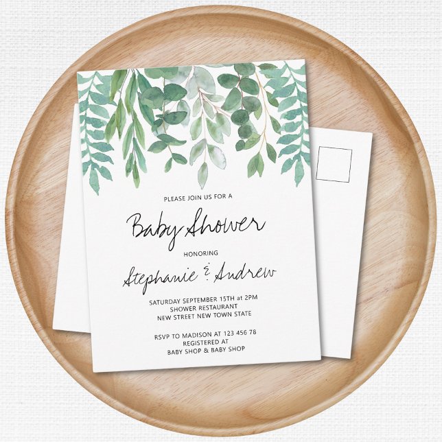 Invitation Carte Postale Baby shower Eucalyptus verdure (Créateur téléchargé)