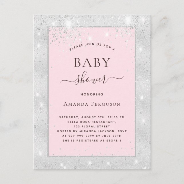 Invitation Carte Postale Baby shower fille argent rousse parties scintillan (Devant)