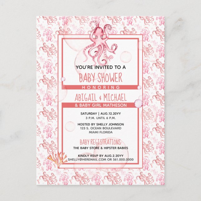 Invitation Carte Postale Baby Shower Fille Poulpe Rose Corail Vie Océanique (Devant)