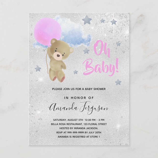 Invitation Carte Postale Baby shower fille rose ours en peluche argent (Devant)