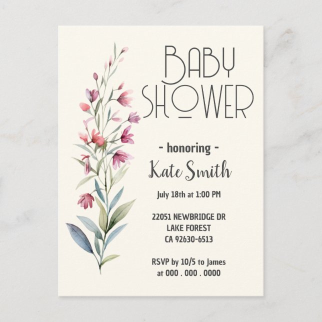 Invitation Carte Postale Baby shower fleur sauvage Boho (Devant)