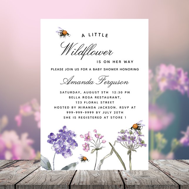 Invitation Carte Postale Baby shower fleur sauvage violet rose abeilles fil (Créateur téléchargé)