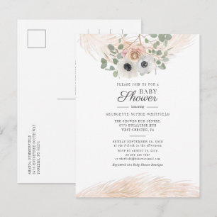 Invitation Carte Postale Baby Shower Fleurs Modernes Herbe de Pampas