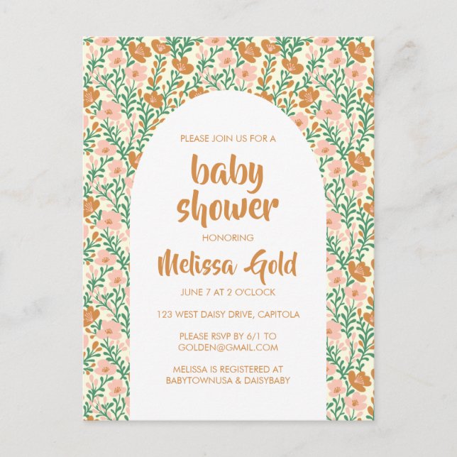 Invitation Carte Postale BABY SHOWER Floral Arc rose Fleur Motif PERSONNALI (Devant)