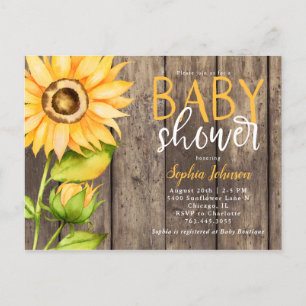 Invitation Carte Postale Baby shower floral de tournesol jaune rustique