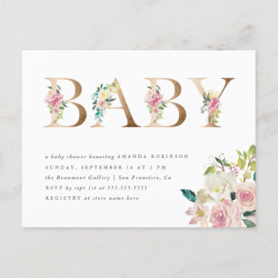 Invitation Carte Postale Baby shower floral d'or d'aquarelle chic de