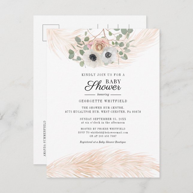 Invitation Carte Postale Baby shower Floral Pampas Grass Girl (Devant / Derrière)