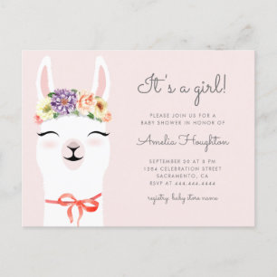 Invitation Carte Postale Baby shower Flower Crown & Llama Girl
