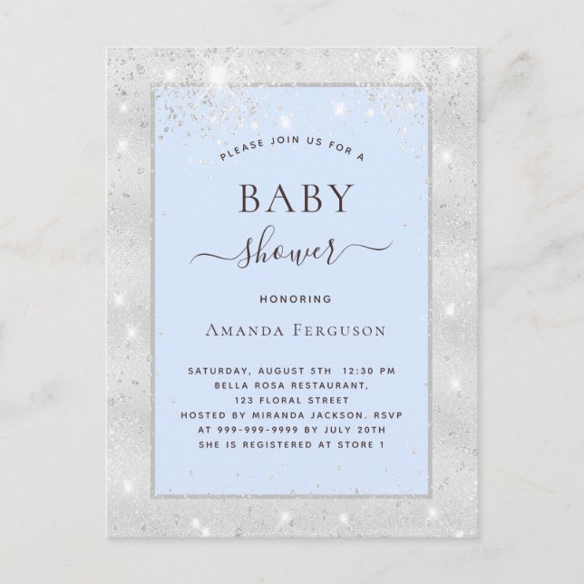Invitation Carte Postale Baby shower garçon argent bleu clair parties scint (Devant)