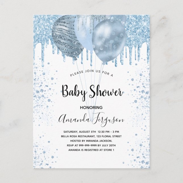Invitation Carte Postale Baby shower garçon bleu parties scintillant ballon (Devant)