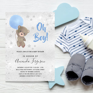 Invitation Carte Postale Baby shower garçon ours en peluche bleu étoile arg