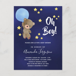 Invitation Carte Postale Baby shower garçon ours en peluche bleu marine éto