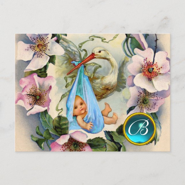 INVITATION CARTE POSTALE BABY SHOWER GARÇON STORK, MONOGRAM ROSE SAUVAGE RO (Devant)
