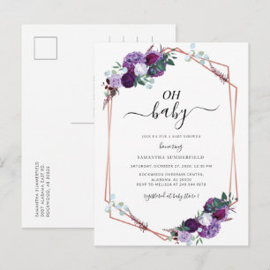 Invitation Carte Postale Baby Shower Géométrique Fleur Pourpre Or Rose