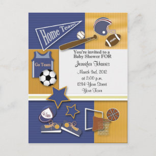 Invitation Carte Postale Baby shower Gold & Blue Sports