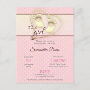 Invitation Carte Postale Baby shower Golden Baby Girl Footprints and Hearts