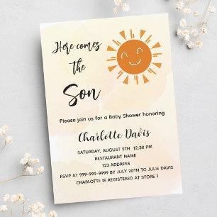 Invitation Carte Postale Baby shower ici vient le fils soleil doré