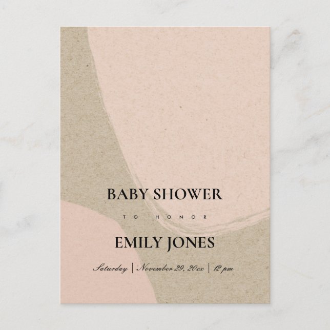 INVITATION CARTE POSTALE BABY SHOWER KRAFT ROSE MODERNE ABSTRAIT DOUX (Devant)