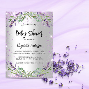 Invitation Carte Postale Baby shower lavande argent eucalyptus floral