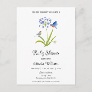 Invitation Carte Postale Baby Shower Lily avec Mère et Bébé Oiseau Bleu 