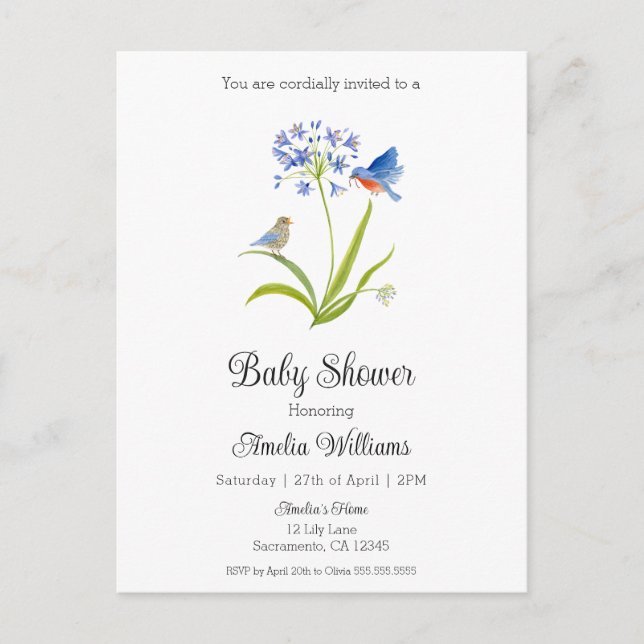 Invitation Carte Postale Baby Shower Lily with Bluebird Mother and Baby  (Devant)