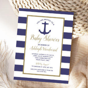 Invitation Carte Postale Baby Shower Marin Garçon Rayé Bleu Marine