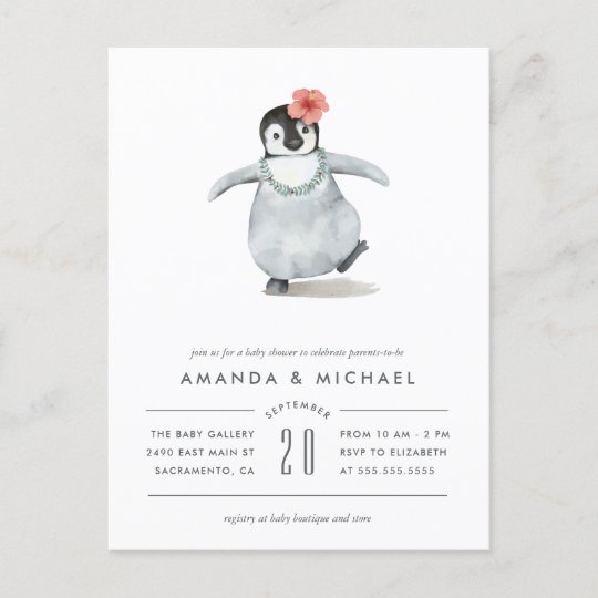 Invitation Carte Postale Baby Shower Mignon De Pingouin De Bebe D Aquarelle Zazzle Fr