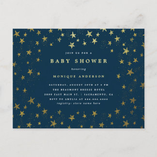 Invitation Carte Postale Baby shower moderne Midnight Blue & Gold Stars
