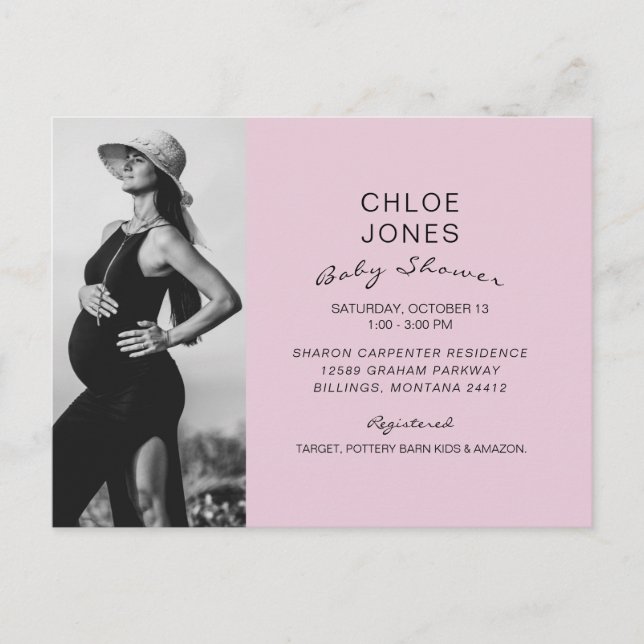 Invitation Carte Postale Baby shower moderne simple photo rose (Devant)