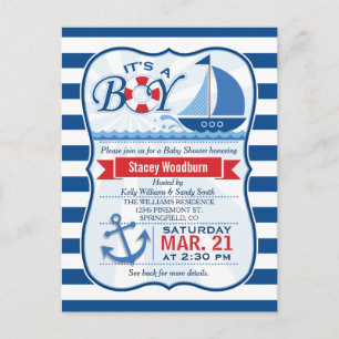 Invitation Carte Postale Baby shower nautique ; Bleu & Blancs