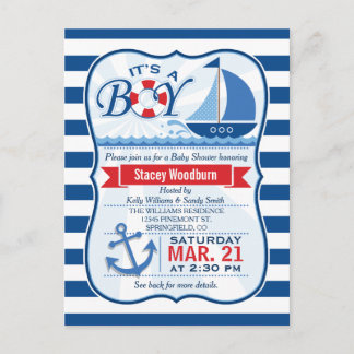 Invitation Carte Postale Baby shower nautique ; Bleu & Blancs