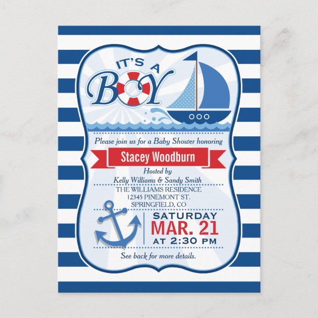 Invitation Carte Postale Baby shower nautique ; Bleu & Blancs (Devant)