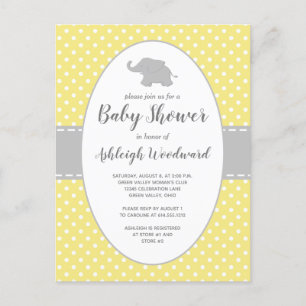 Invitation Carte Postale Baby Shower Neutre Éléphant Mignon à Points Jaunes