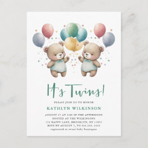 Invitation Carte Postale BABY SHOWER Nounours DES Ballons verts DOUCES