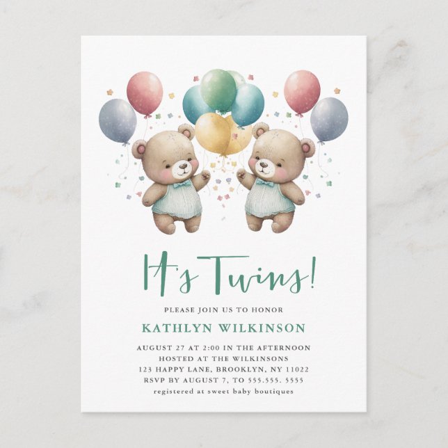Invitation Carte Postale BABY SHOWER Nounours DES Ballons verts DOUCES (Devant)