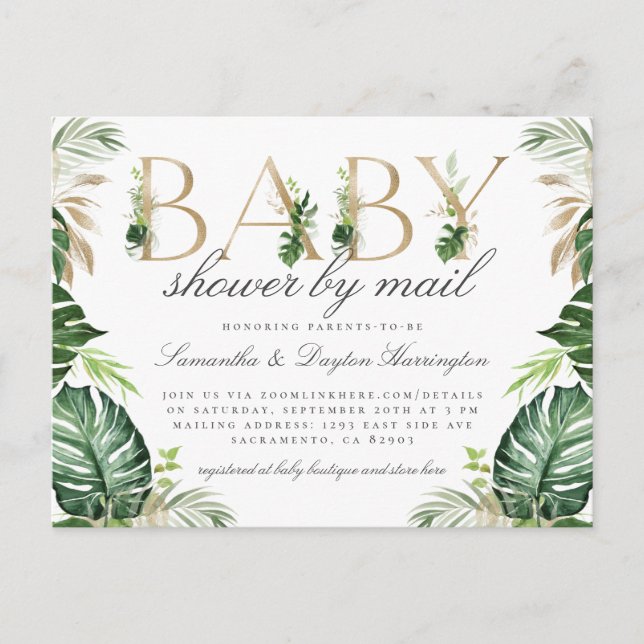Invitation Carte Postale Baby shower Or Tropical Moderne Par Courrier (Devant)