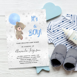 Invitation Carte Postale Baby shower ours en peluche garçon bleu argent éto